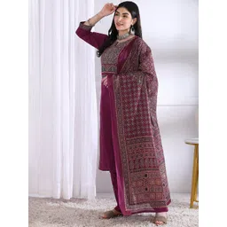 GULMEHAK Printed Notch Neck Mirror Work Pure Cotton Kurta With Trousers & Dupatta-picture-15