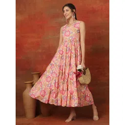 GULMOHAR JAIPUR Floral Printed Sweetheart Neck Fit And Flare Cotton Ethnic Dress-picture-34