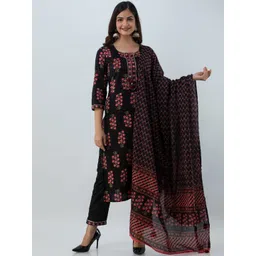 GULMOHAR JAIPUR Floral Printed Tie-Up Neck Pure Cotton Straight Kurta Set-picture-20