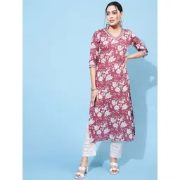 GULMOHAR JAIPUR Floral Printed V-Neck Thread Work Straight Kurta-picture-11