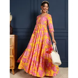 GULMOHAR JAIPUR Women Floral Printed Cotton Gown Maxi Dress-picture-34
