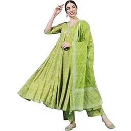 gulmohar jaipur Women's Cotton Calf Length Printed Flared Kurta Bottom Dupatta Set-picture-19