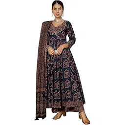 gulmohar jaipur Women's Cotton Calf Length Printed Flared Kurta Palazzo Dupatta Suit Set-picture-17