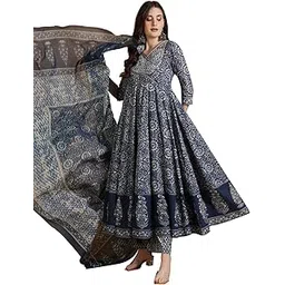 gulmohar jaipur Women's Cotton Calf Length Printed Flared Kurta Suit Set-picture-14