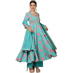 gulmohar jaipur Women's Rayon Calf Length Printed Flared Kurta Palazzo Dupatta Suit Set-picture-43