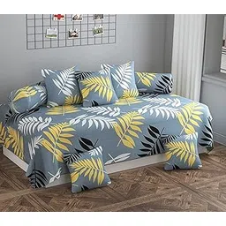 Gurnoor Soft Glace Cotton Leaf Diwan Set, 1 Single Bedsheet, 2 Bolster Covers, 5 Cushion Covers (Multicolor, Standard)-image-13
