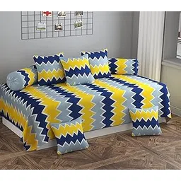 Gurnoor Soft Glace Cotton Lehar Diwan Set, 1 Single Bedsheet, 2 Bolster Covers, 5 Cushion Covers (Yellow, Standard)-image-44