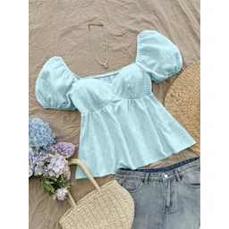 gusaiji Casual Ruffled Sleeves Self Design Women Light Blue Top-picture-20