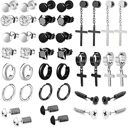 20 Pairs Earrings for Men Stainless Steel Stud Earring Fashion Earring Piercing Jewelry Cross Dangle Hoop Earrings Kit Studs Long-image-36