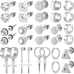 GUSTAVE® 15 Pairs Earrings Set for Men Stainless Steel Stud Earring Earring Piercing Jewelry Cross Dangle Hoop Earrings Kit Studs-image-40
