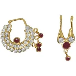 GVG PLATING Bharatanatyam & Kuchipudi Nose Pin For Women (set 2) | Gold Toned maroon white Nath Without Piercing Nathiya | South Indian Classical Dance Accessory | Traditional Temple Jhumki Jewellery-picture-33