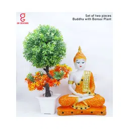 GW CREATIONS Orange and White Buddha Idol Showpiece with Bonsai Plant-picture-39