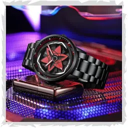 Gyro Men's Black Dial Analogue Watch New Wheel Spinning Creative Fashion League Fans Butterfly Double Snap Gift Wrist Watch (Red,6) image 1