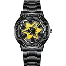 Gyro Men's Black Dial Analogue Watch New Wheel Spinning Creative Fashion League Fans Butterfly Double Snap Gift Wrist Watch (Yellow Star,6)-picture-12