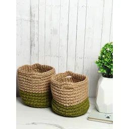HABERE INDIA Beige & Green Set of 2 Color blocked Jute Crochet Baskets-picture-32
