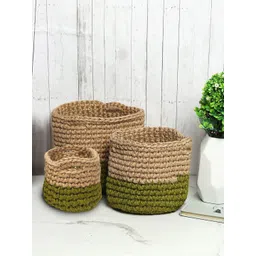 HABERE INDIA Beige & Green Set of 3 Jute Crochet Baskets-picture-34