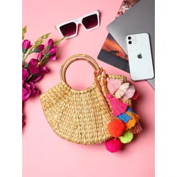 HABERE INDIA Beige Structured Handheld Bag with Tasselled-picture-12