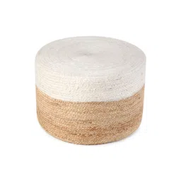 HABERE INDIA White & Beige Round Jute Pouff Ottoman-picture-22