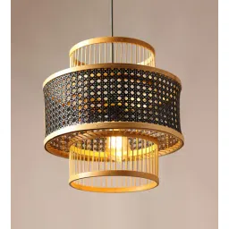 habereindia Cylinderical Bamboo & Cane Webbing Sheet Hanging Light (Black)-picture-18