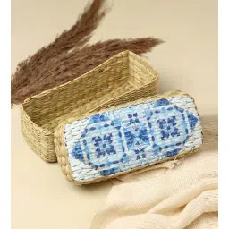 habereindia White & Blue Seagrass Solid 10.24 x 4.72 Inches Storage Basket by Habere India-picture-14