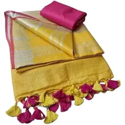 haider ali and sons Bhagalpuri Linen Cotton Saree for Women |Linen Slub Ethnic Wear Saree For Women's (With Blouse) |, Yellow,Pink-picture-43