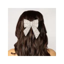 Hair Drama Co. Embellished Crystal & Pearl Hair Bow Barrette Clip - Off White-picture-12