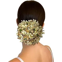 Hair Flare Gilded Floral Hair Juda Bun, Golden and Green bun adorned with glossy artificial flowers, beads, and pollen. Includes Juda pins_2828-picture-14