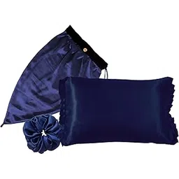 Hair Protection Premium Satin Starter Kit for Long Hair | Satin Pillow Cover, Long Bonnet & Scrunchie Combo for Healthy Hair (kit) (Long Hair (Satin), Navy Blue)-picture-24