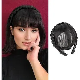hair wala HAIR WALA™ Front Hair Bangs Fringe Hair Extensions Synthetic Fake Bangs Hair Neat Fringe Bangs with Double Row Braids Headband for Women Girls Bangs Hair (Color : Black)-picture-16