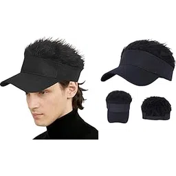hair wala ™ Sun Visor Hat with Novelty Fake Hair Adjustable Golf Baseball Cap Attached Flair Spiked Hairpiece Peaked Wig for Men Black Color-picture-20