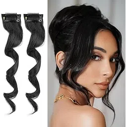 HAIR WALA™ 02 PCS Side Air Bangs, Clip in Bangs Front Side Bangs Set Long Temples, Bangs Hair Clip on Fringe Bangs with Temples Synthetic Long Dragon beard Bangs Hair 12 inch Black Color (Black)-picture-20