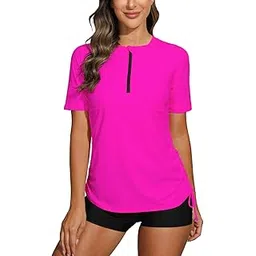 halcurt Women's Half Zip Rashguard Shirt Ruched UPF 50 Swimsuit Top Surf Shirts-picture-31