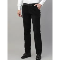 Hancock Black Cotton Slim Fit Solid Mid Rise Trousers-picture-10
