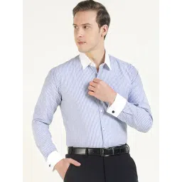 Hancock Blue and White Cotton Slim Fit Striped Shirt-picture-41