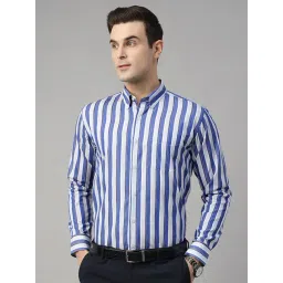 Hancock Blue & White Cotton Slim Fit Striped Shirt-picture-29