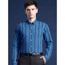 Hancock Blue Cotton Slim Fit Stripes Shirts-picture-26