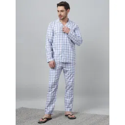 Hancock Blue Polycotton Relaxed Fit Checked Long Sleeves Night Suit-image-46