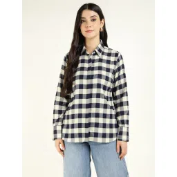 Hancock Cream & Navy Cotton Relaxed Fit Checks Shirt-picture-45