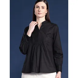 Hancock Mandarin Collar Puff Sleeves Pure Cotton Top-picture-12