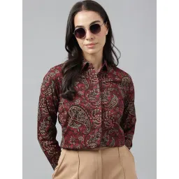 Hancock Maroon & Beige Relaxed Ethnic Motifs Printed Pure Cotton Satin Formal Shirt-picture-43