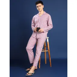 Hancock Men Checked Lapel Collar Pure Cotton Night suit-picture-30