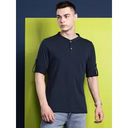 Hancock Men Henley Neck Roll-Up Sleeves Pure Cotton T-shirt image 1