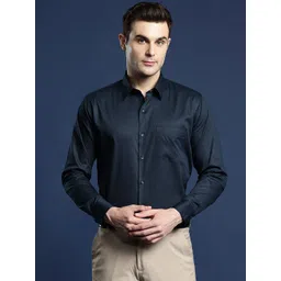 Hancock Men Navy Blue Solid Slim Fit Pure Cotton Formal Shirt-picture-23