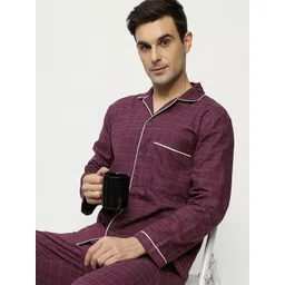 Hancock Men Pure Cotton Lapel Collar Long Sleeves Checked Night suit-picture-31