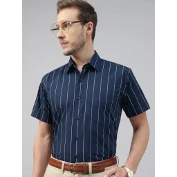 Hancock Navy Blue Cotton Slim Fit Striped Shirt-picture-32