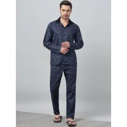 Hancock Navy Cotton Relaxed Fit Printed Long Sleeves Night Suit-picture-11