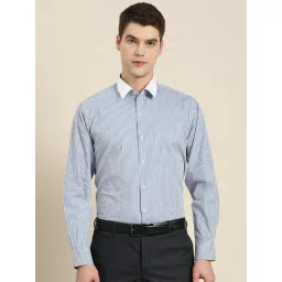 Hancock White & Blue Cotton Slim Fit Striped Shirt-picture-35
