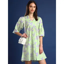 hancock Women Tropical Printed Mandarin Collar A-Line Pure Cotton Mini Dress-picture-36