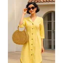 Hancock Women V-Neck Pure Cotton Pleated Shirt Style Midi Dress-picture-16