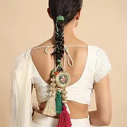 Handcrafted Gota Patti Hair Parandi for Women & Girls | Wedding & Festive Braid Accessory with Colorful Tassels & Little Bird Charm | Traditional Bridal Juda/Braid Decor (Green With Golden)-picture-15